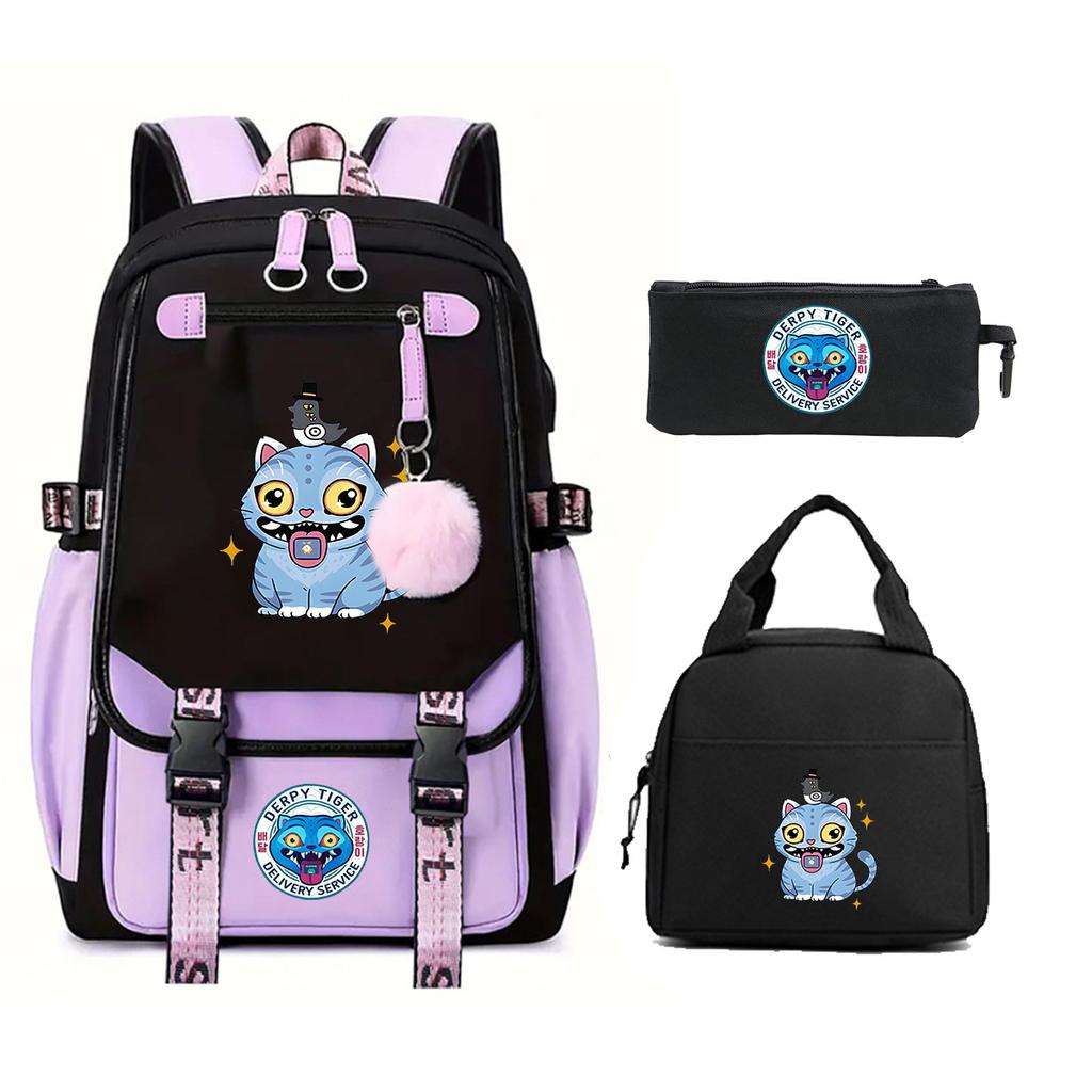 Animation Cartoon Printing Large Capacity Student School Bag Children'S Meal Bag Casual Pencil Bag Three-Piece Set