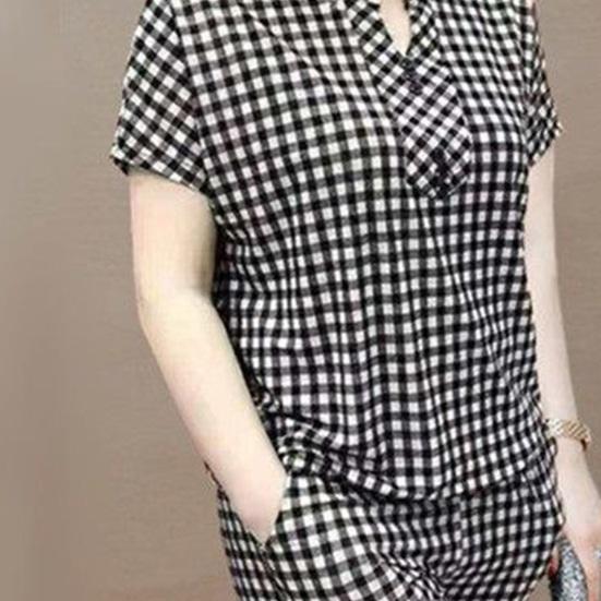 Women's Plaid 2 Piece Outfits Sleeve Top And Button Short Cropped Skinny Pants Matching Set Summer