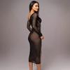 Jurk Modieus Geplooid Dames Lange Mouw Mesh Inzet Schuin Schouder Midi-lengte