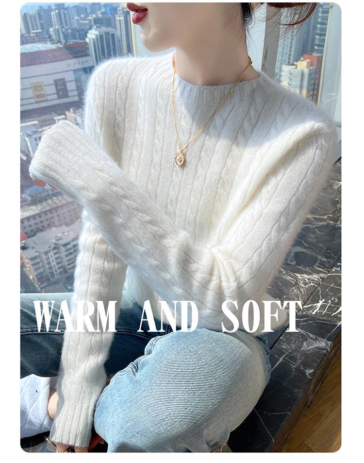 Women's 100% Pure Wool Cable Knit Sweater – Autumn/Winter Loose Fit with Round Neck, Fashionable and Versatile Knit Base Layer.