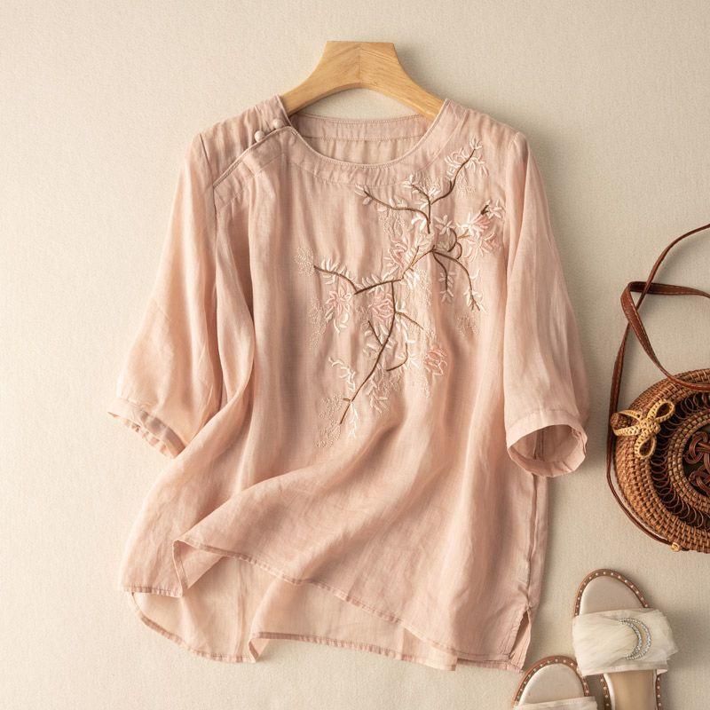 Summer Round Neck Medium Sleeve Embroidered Chic Top Literary Retro Loose Temperament Cotton and Linen T-shirt New