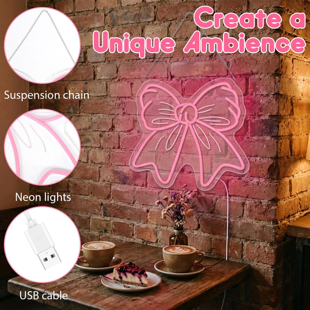 Bow Neon Sign Decor Light Board Wall Hanging Light Advertisement with Dimmable Switch Neon Light Sign for Girl Room OR Store