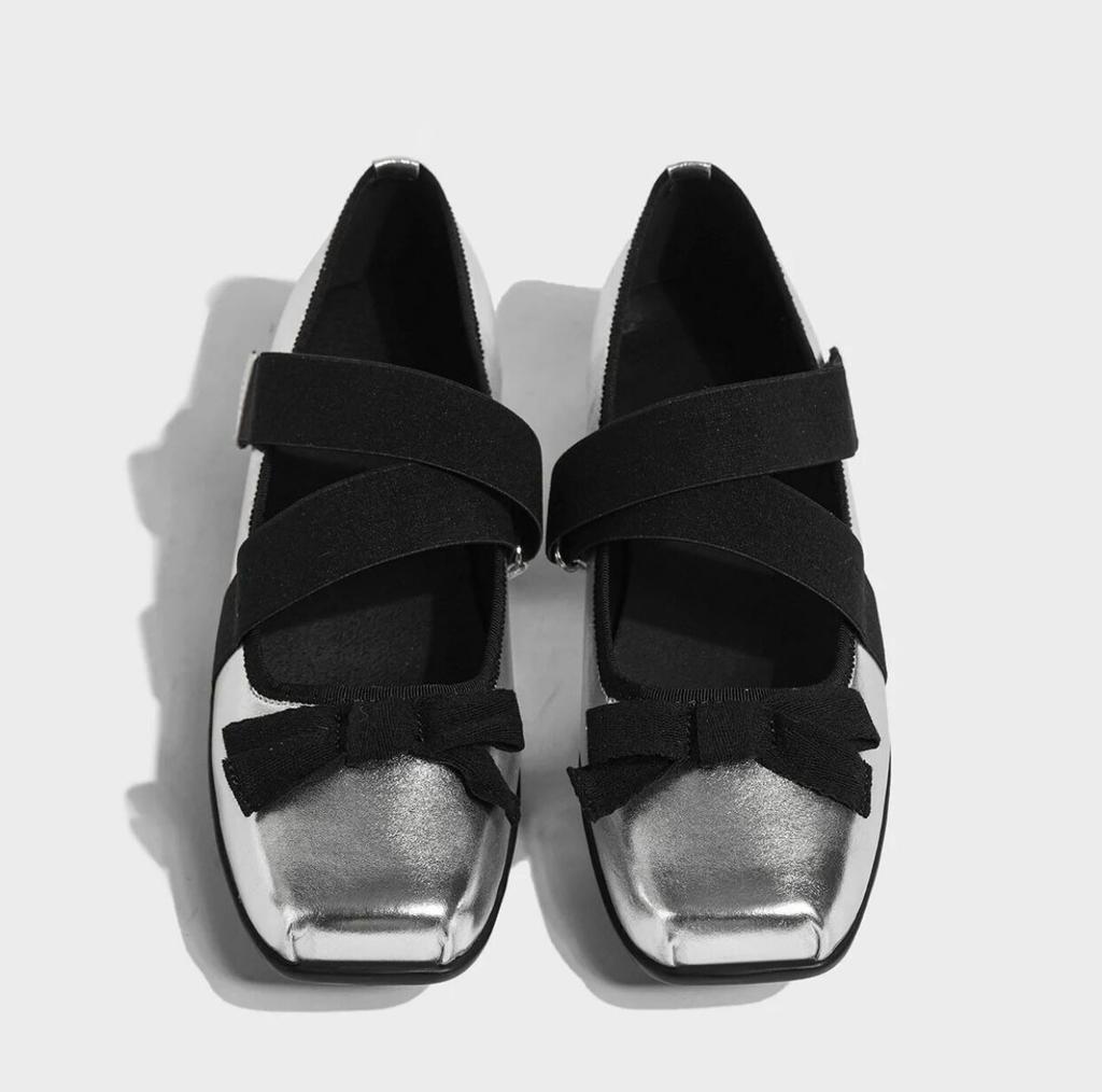 Spot second hair! Retro ballet bow Mary Jane single shoes silver platform small leather shoes ballet shoes ladyshoes