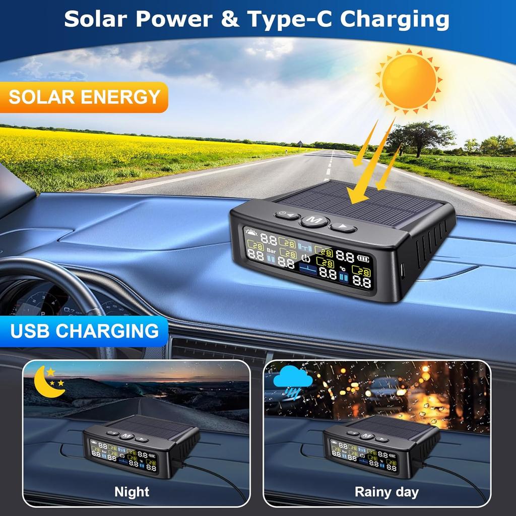 RV Tire Pressure Monitoring System -TPMS Tire Pressure Monitor With 6 Sensors,M12-3 TPMS Solar Charge & USB Color LCD Display, 0-9.9BAR/144PSI Range,