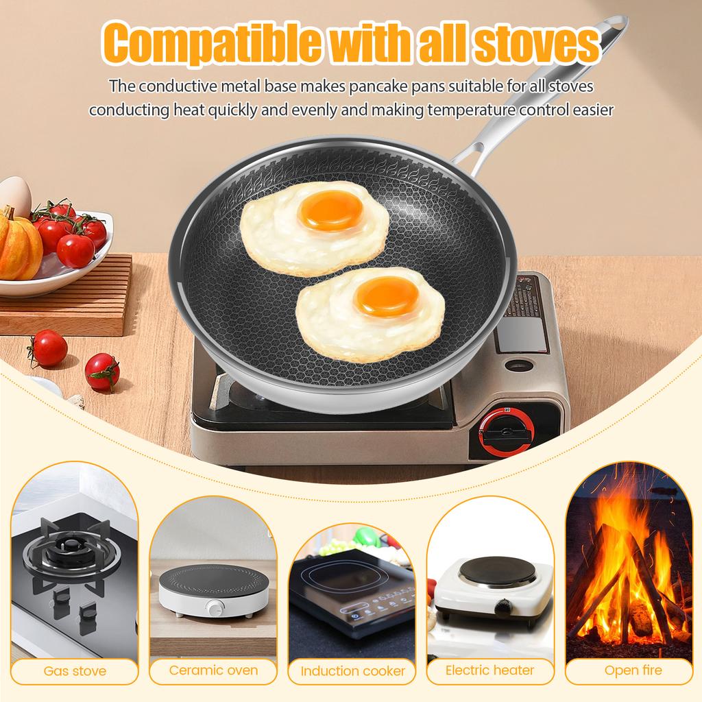 Stainless Steel Frying Pan 10 inch Honeycomb Skillet with Detachable Handle Nonstick Cooking Fry Pans for All Stove Cooking