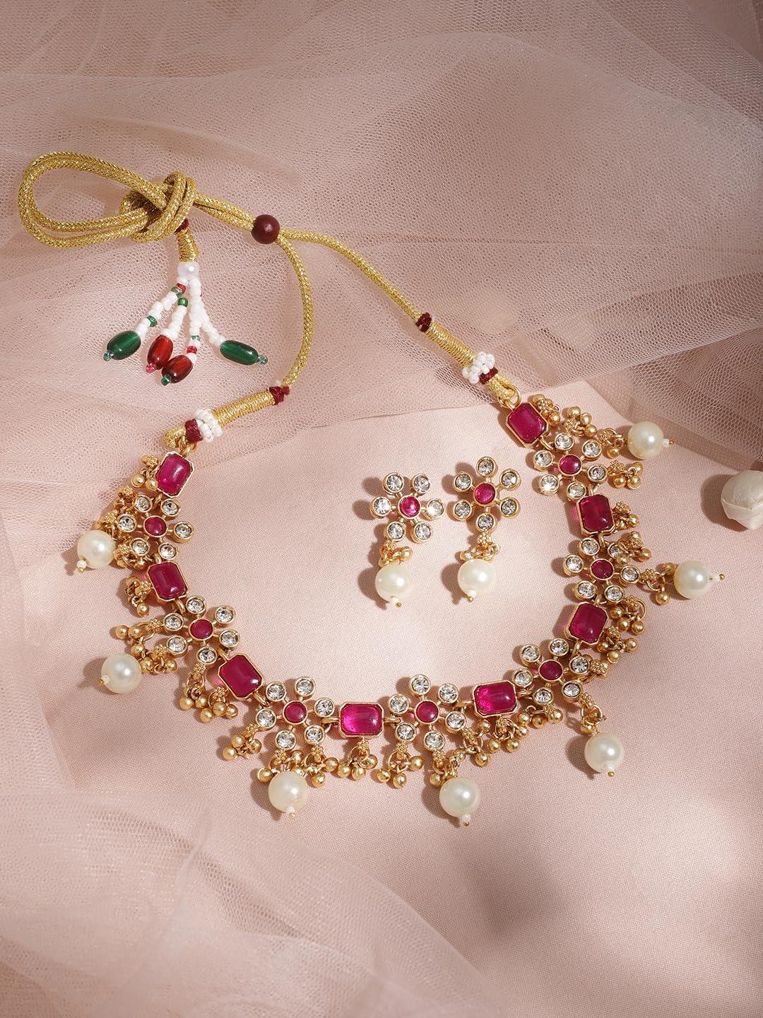 

22KT Gold Plated Ruby/Emerald Studded & White Pearl/CZ Beaded Necklace Set for Women & Girls – Festive & Wedding Onesize