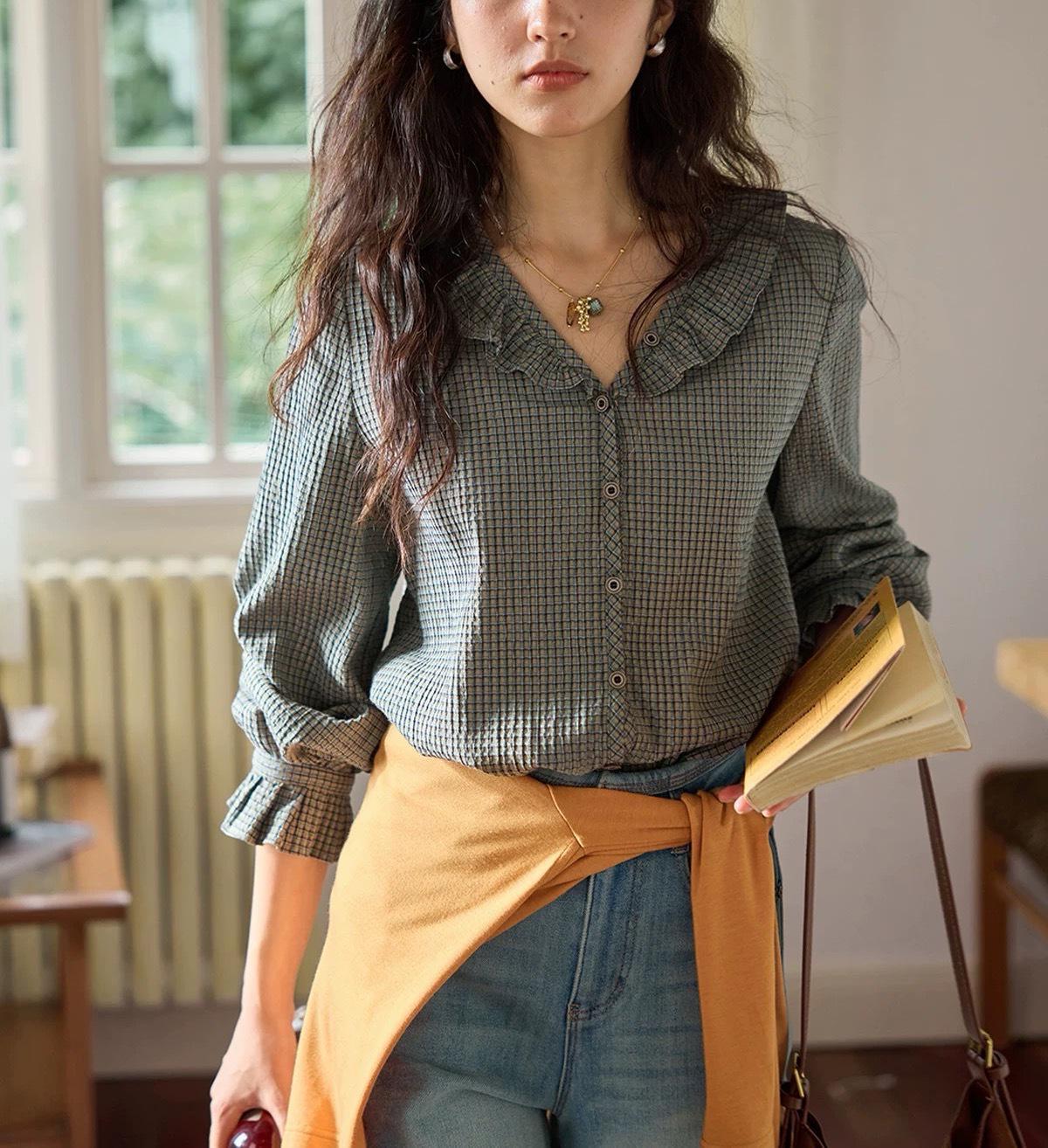 Женская французская ретро рубашка в клетку с V-образным вырезом и рюшами - Дизайнерский стиль, Свободный весенний топ с длинным рукавом M