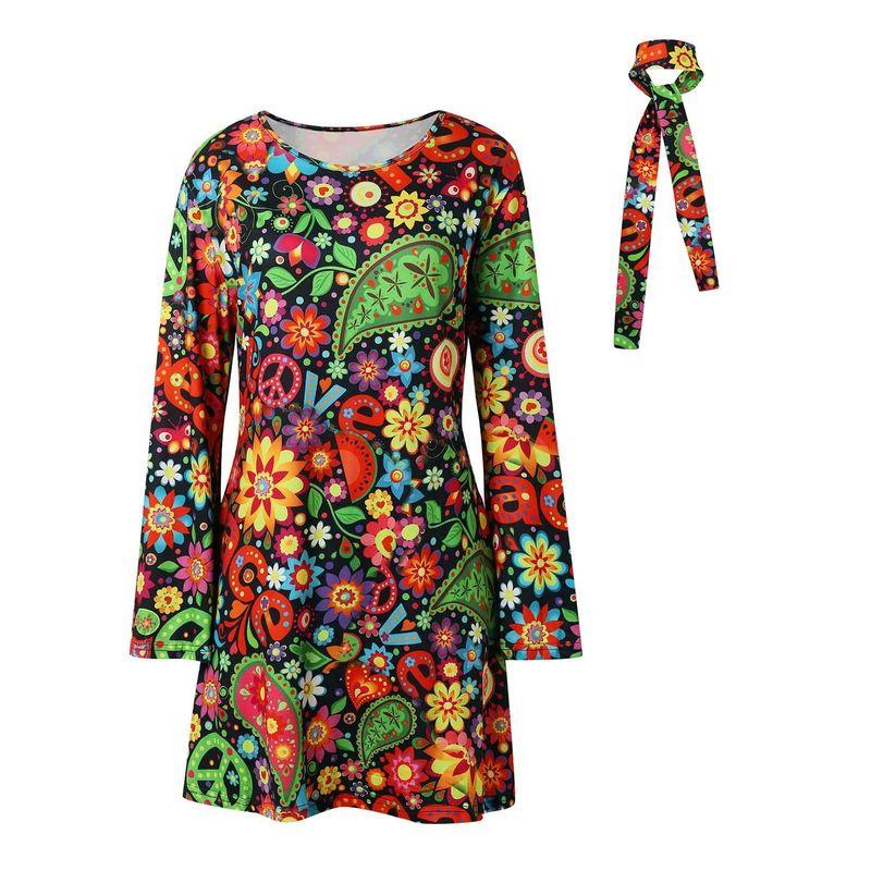 Women's Long Sleeve Dress with Headscarf Printed Tape Headscarf Dress Female