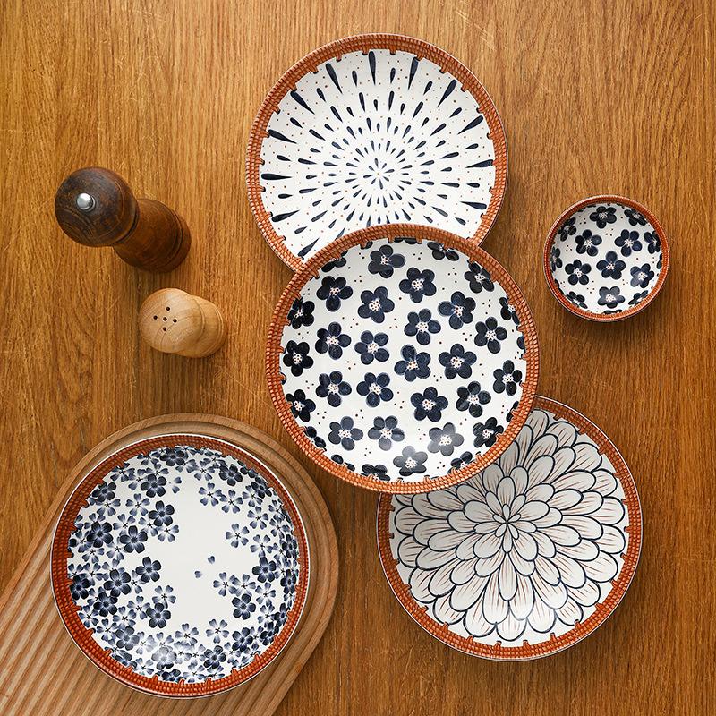 Bamboo Woven Japanese Ceramic Dishes, Dishes, Tableware Creative Retro Household Dishes, Dishes, Underglaze Colored Bowls, Dishes Set