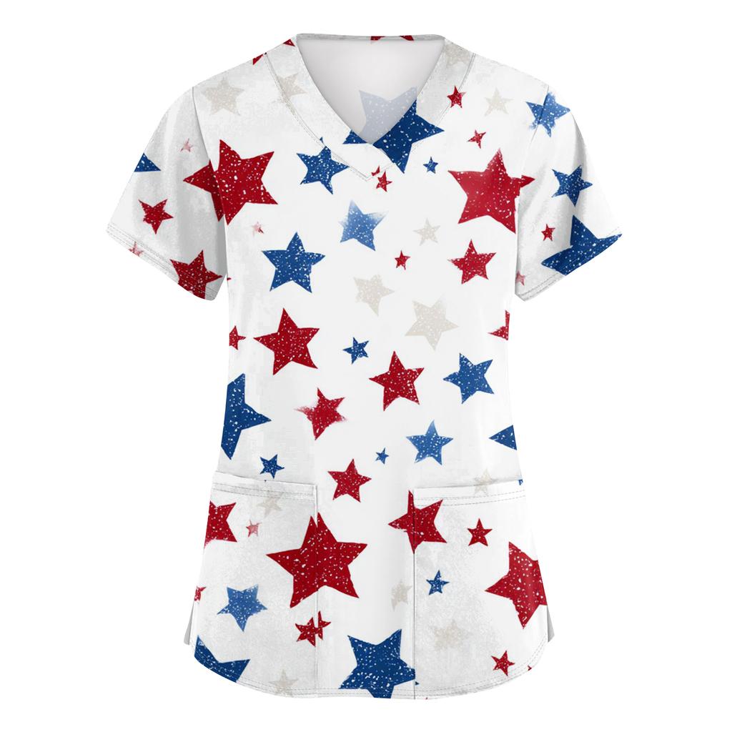 Women's Fashionable V-Neck Short-Sleeved Work Top With Pockets And Independence Day Print  Uniform