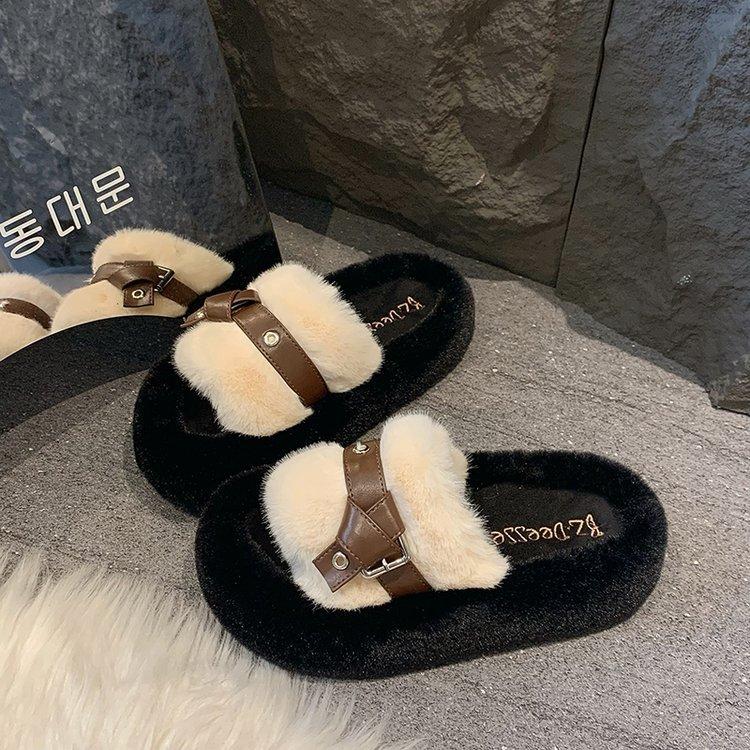 Thick-soled wool slippers women's autumn and winter wear gentle wool shoes one-word drag design sense fashionable and comfortable plush drag