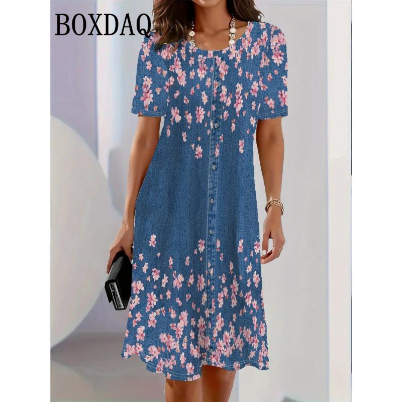 2025 Fashion Trend 3D Imitation Denim Pattern Women's Dress Summer Sreet Short Sleeve O-Neck Loose Casual Flowers Print Dresses