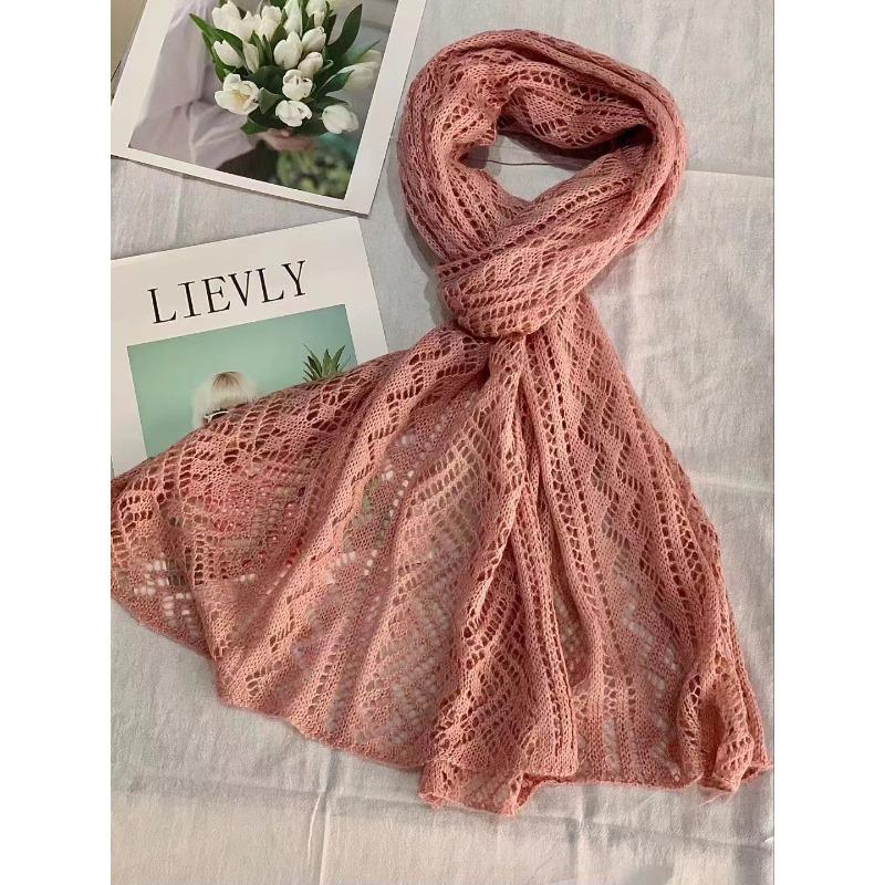 New Hollow Solid Color Knitted Scarf for Women Autumn and Winter Hollow Warm Scarf Versatile Retro Scarf