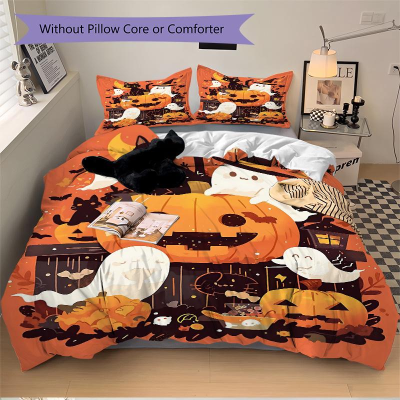 3pcs Cats & Ghosts & Pumpkins Halloween Quilt Cover Set (1 Quilt Cover + 2 Pillowcases Without Pillow Core), High-Definition Printing for Home an