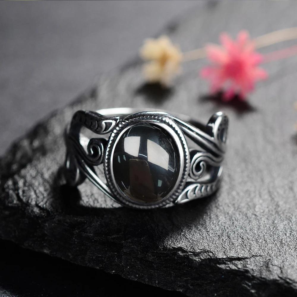 Vintage 925 Sterling Copper Ring Natural Black Onyx Ring Oval Round Stone Retro Fine Zircon Gift Sun Shaped For Women Men