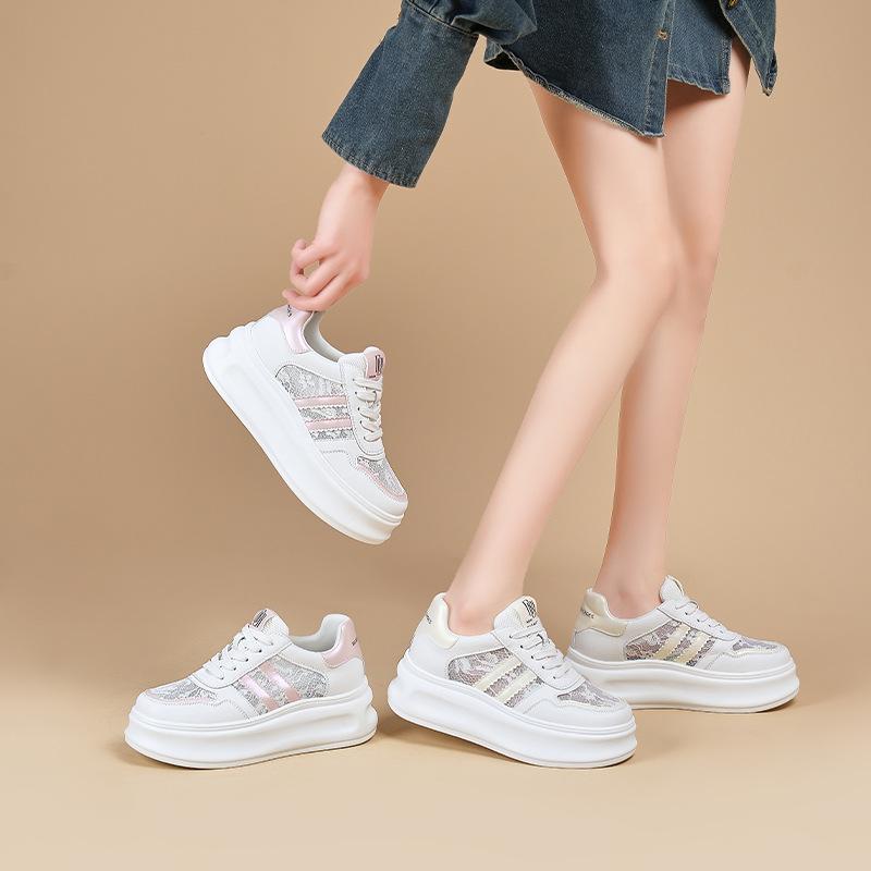 Mesh Breathable White Shoes for Women Spring Thick-soled Platform Thin Casual Shoes Color Matching Lace Sneakers