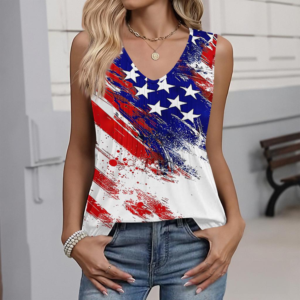 Women's Fashion Casual American Independence Day Flag and Stars Print V-neck Ruffled Sleeveless Vest T-shirt Top