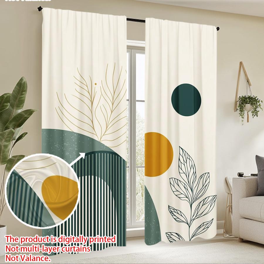 2PCS Digital Printed Curtains, Forest Leaf Geometric Pattern, Beautiful Window Drapes for Living Room Bedroom Home Decor