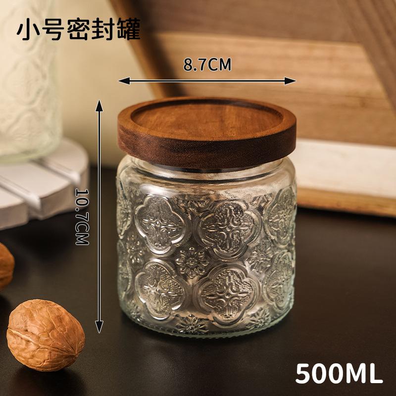 Sealed Glass Jars Retro Vintage Embossed Begonia Flower Food Storage Jar Wooden Lid Kitchen Candy Box Grains Container Ornaments
