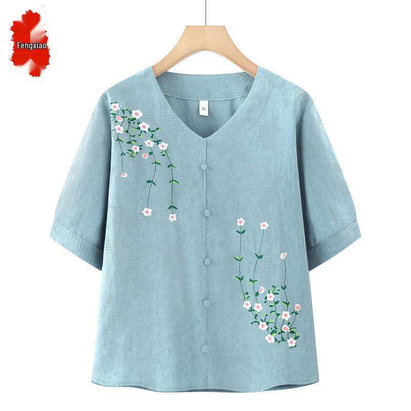 Elderly Women s Embroidered Summer T-Shirt & Two-Piece Set 2XL