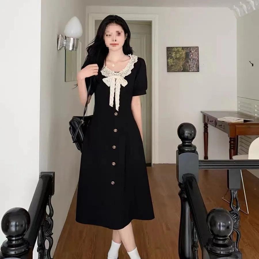 Lace Bow Puff Sleeve Contrast Button-Up A-Line Dress - Women's Slimming Summer Style