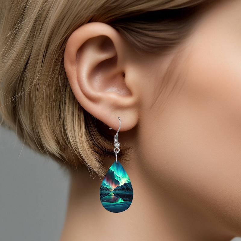 Boho Style Aurora Borealis Teardrop Earrings, Blue-Green PU Leather Earrings, Fashion Earrings, Elegant Earrings Party Earrings