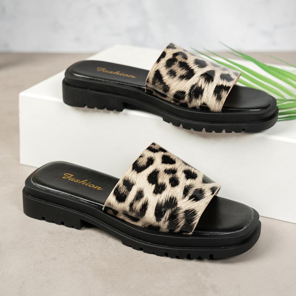 Fashion Summer New Leopard Print Thick Heeled Slippers for Women Casual Square Toe Home Outside Wear Female Slides Platform Flip Flops