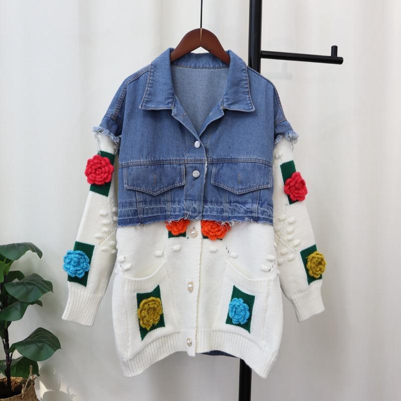 Splicing denim three-dimensional flower knitted cardigan women's autumn and winter new loose design sweater jacket