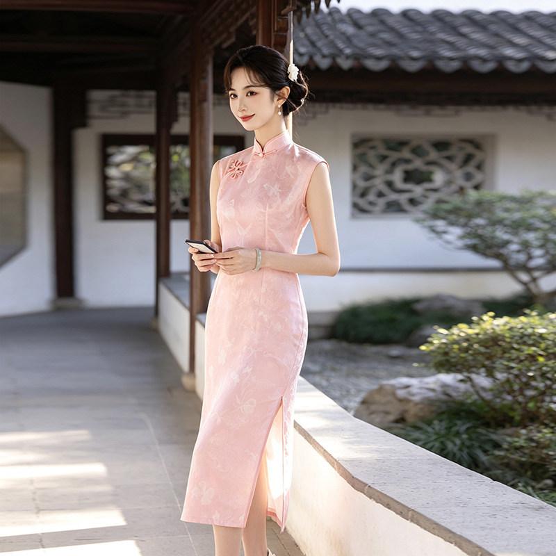 Pink Sleeveless National Style New Chinese Daily Suzhou Long Cheongsam Improved Young 1011 New Women's High Sense