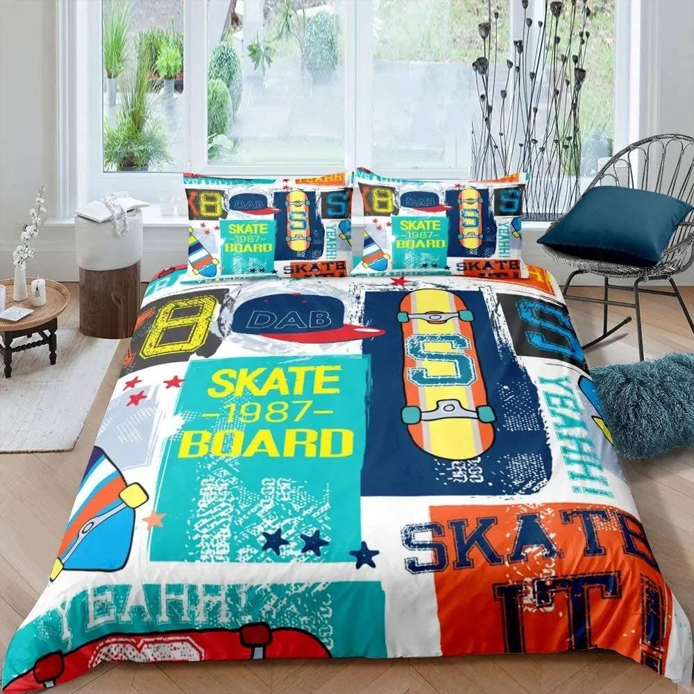 

3D printed duvet cover full size skateboarder skeleton with skateboarding print for children, boys, teenagers, room decoration, 90x200cm