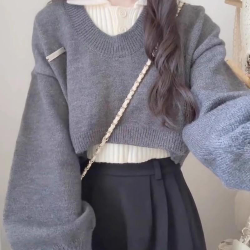 Womens Short Polo Neck Sweater 2 Piece Set Casual Knit Top Slim Waist Winter