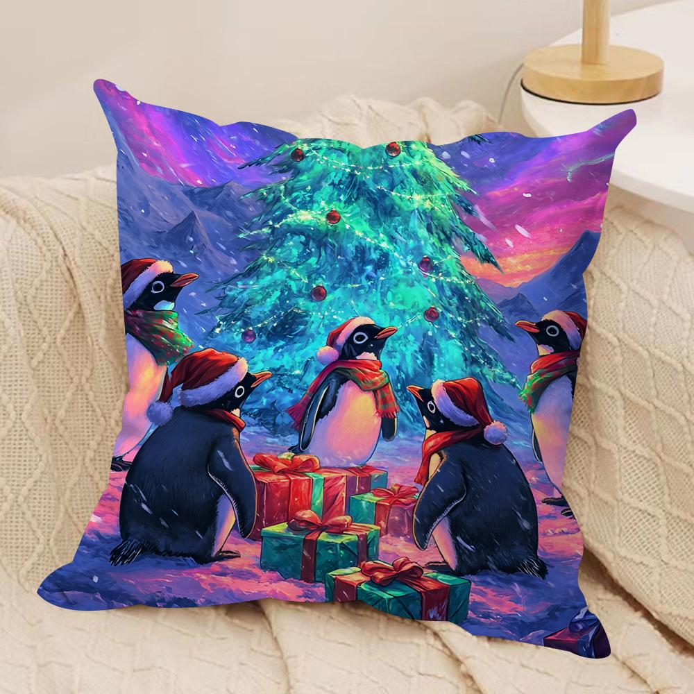 Cute Colorful Penguin Cushion Cover Silky Short Plush Invisible Zipper Dustproof Sofa Pillow Case For Home Decor