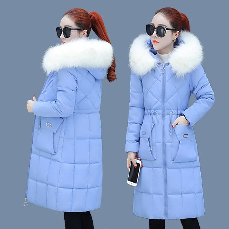 Winter Down Jacket Korean Style Waist Slim Mid-length Padded Jacket Thickened Large Fur Collar Women's Down Jacket