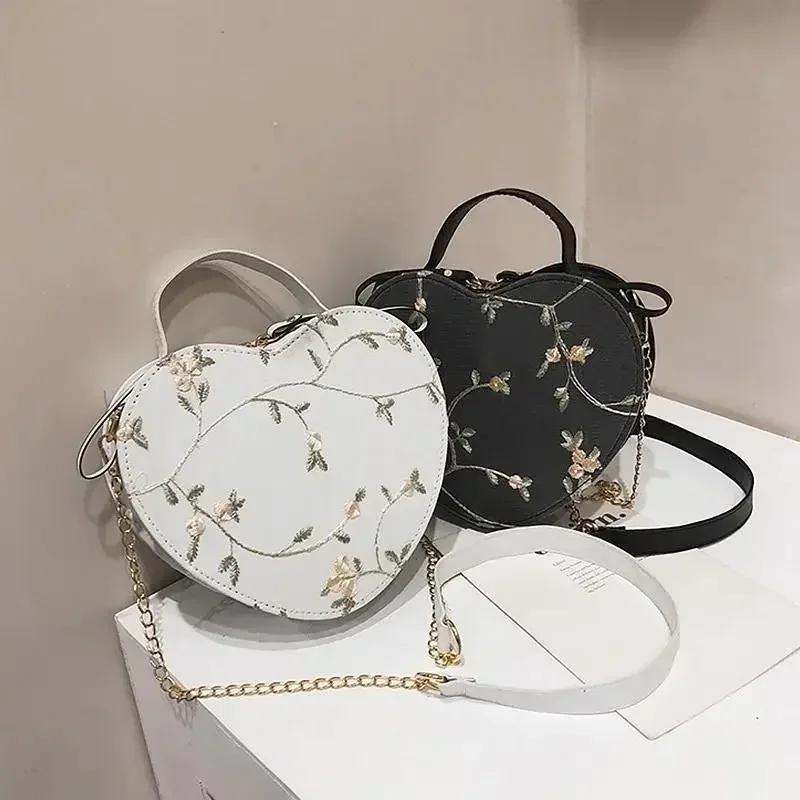 New Women Spring Summer Heart-shaped Handbag Crossbody Bags Zipper PU Leather Shoulder Bag Leisure
