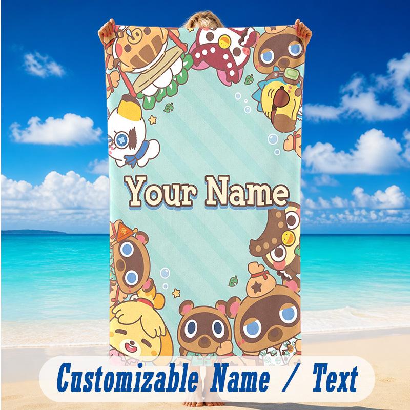 Beach Towel Custom Name Text, Quick Dry Large Towel For Beach HomeAnimal Crossing