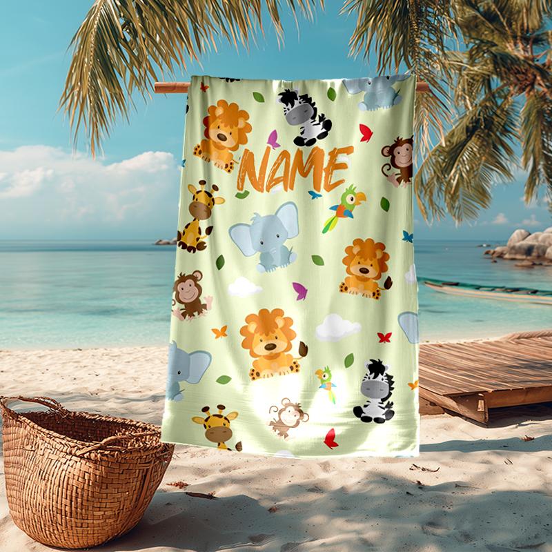 Custom Name Ultra-Soft Beach Towel with Animals Theme,Ideal for Pool - Camping, Diving - Perfect Travel Essential, Vibrant Beach Towel.