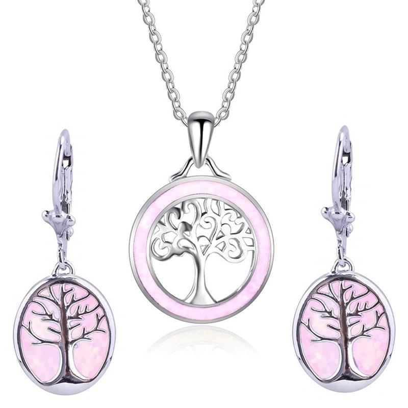 Набор украшений Древо жизни для женщин Имитация зеленого огненного опала Женская подвеска-ожерелье с серьгами Свадебный набор украшений розовый