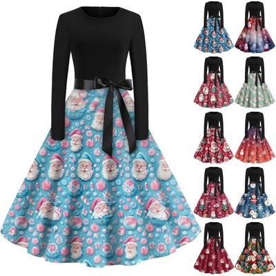 Dames Vintage Klassieke Jurk Lange Mouw Kerst Print Ronde Hals Swing Jurk
