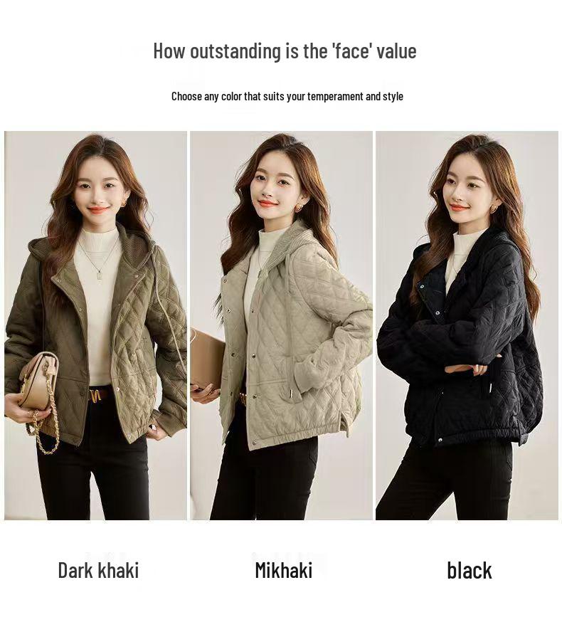 Women's Winter 2025 Rhombus Hooded Cotton-Padded Jacket - Trendy Petite Lightweight Outerwear