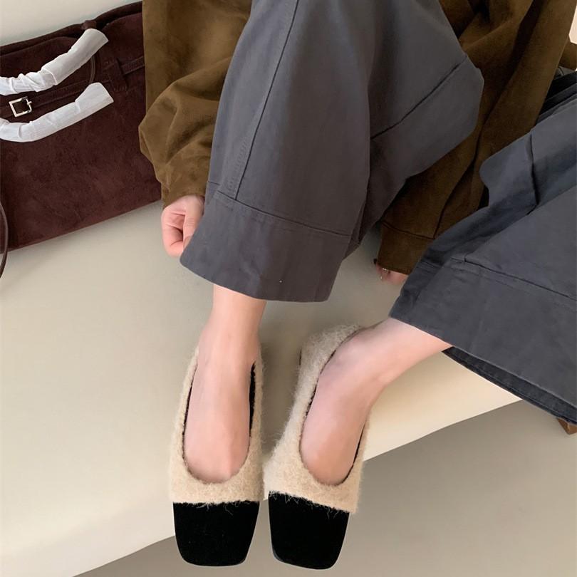 French Flat Bottom Gentle Evening Milk Tea Apricot Fluff Single Shoes Women's Autumn and Winter Velvet Small Fragrant Style with Skirt Grandma 