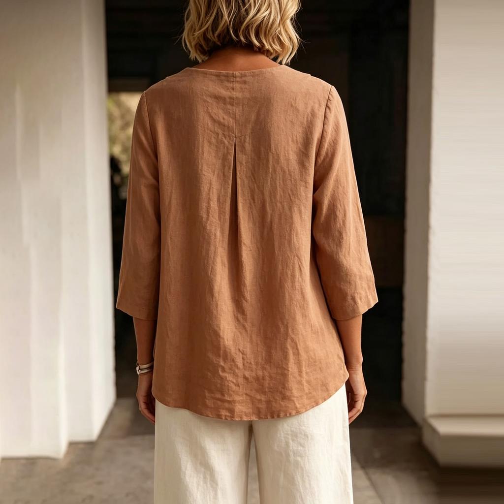 Casual Linnen Top voor Dames met Ronde Hals en Driekwart Mouwen voor Werk en Dagelijks Gebruik