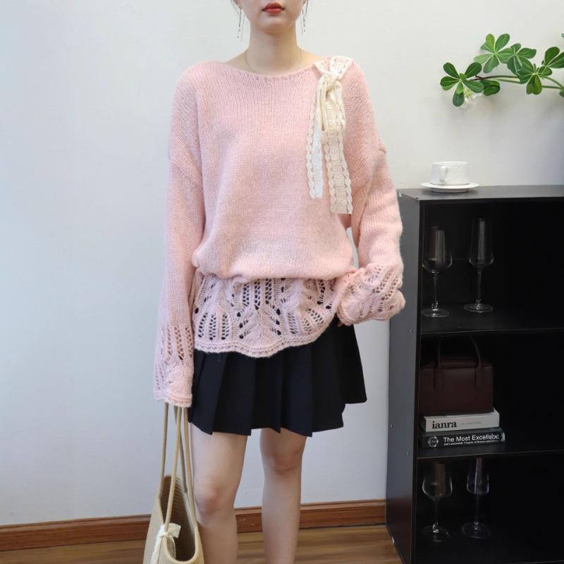 Gentle wind knitted sweater top early autumn new thin hollow sweet design sweater pullover woman