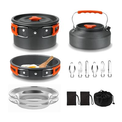 Set da Cucina da Campeggio Antiaderente Leggero Pentola Padella Bollitore Set con Piatti in Acciaio Inossidabile e