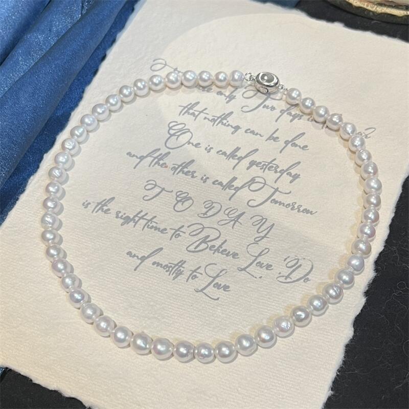 Pearl Supplier White Freshwater Pearl Chokers Necklace Slight S925 Buckle Party High Sense