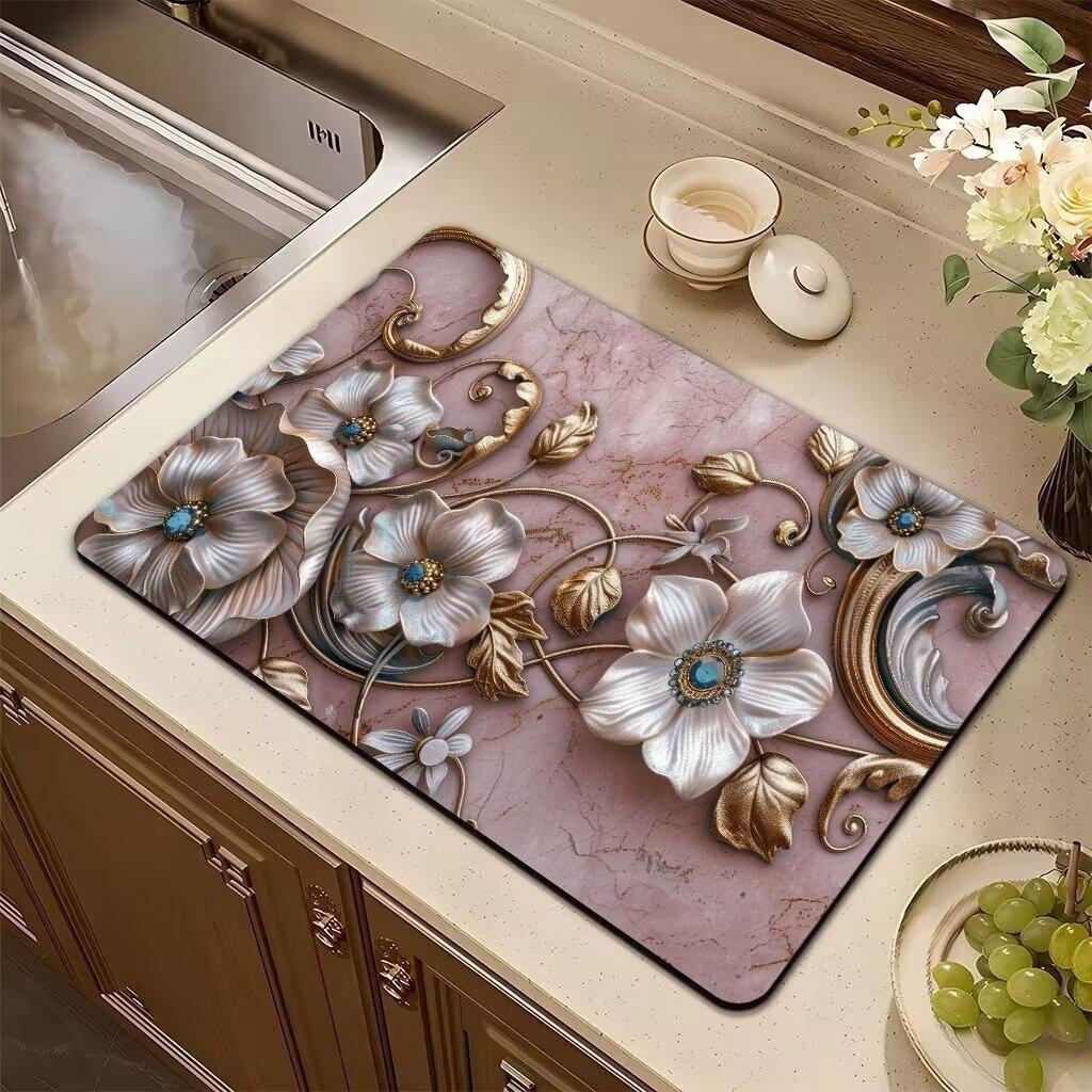Saugfähige Matte Rosa Pflanze Blume Rose Abtropfmatte Küchengeschirr Trocknen Geschirr Rutschfester Teppich Geschirr