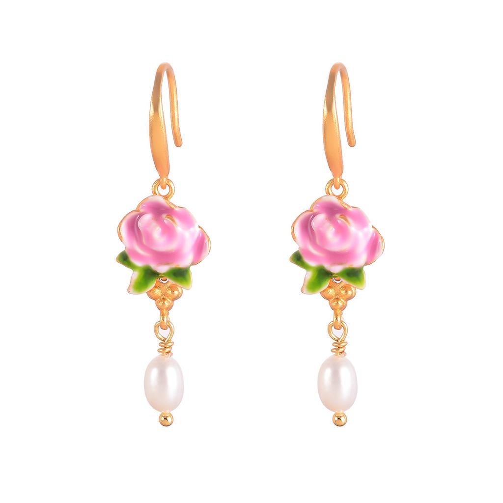 Fresh new Chinese flower stud oil painting style high-end enamel pearl earrings vintage national style tassel earrings women