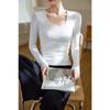 Women Square Neck Long Sleeve Slim Fitted Solid Color T Shirt Casual Basic Top