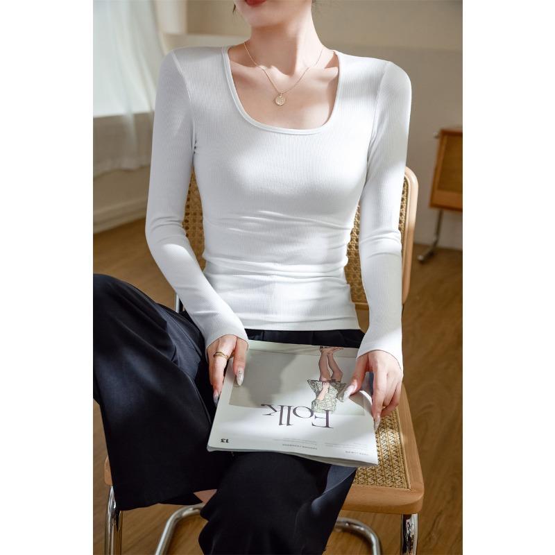Women Square Neck Long Sleeve Slim Fitted Solid Color T Shirt Casual Basic Top