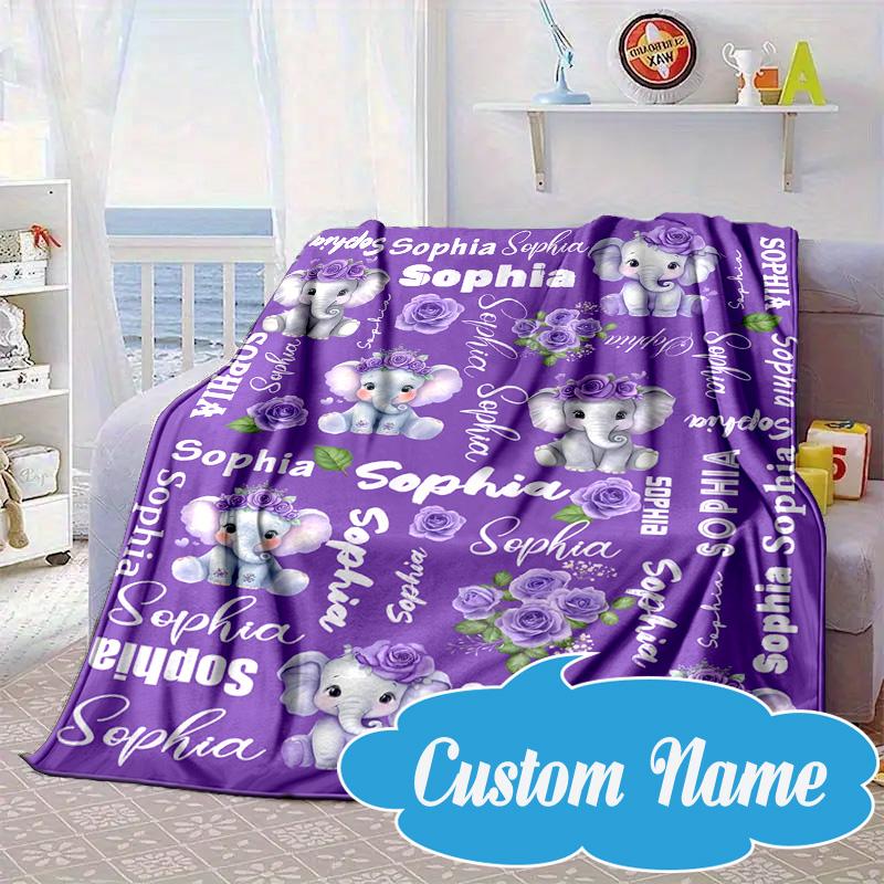 Custom Name Purple Elephant Blanket bed sofa Blanket Flannel Blanket for Camping, Hiking, Picnic Essentials,gift for Fan family