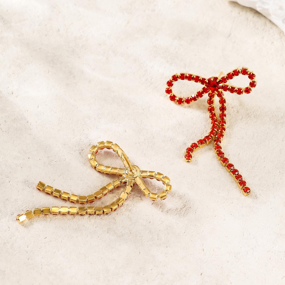 Valentine's Day Bow Drop Earrings with Crystal Zircon Shiny Stud Jewelry for Women Girls Gifts